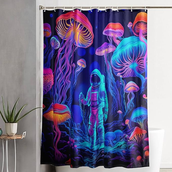AILONEN Magic Mushroom Shower Curtain,Cartoon Astronaut Shower Curtain Set for Bathroom,Boho Style Jellyfish Waterproof Fabric Bath Curtain for Kids Girls Boys, 72" W*78" H