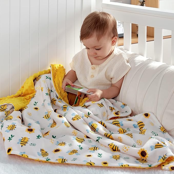 DaysU Silky Micro Soft Plush Baby Blankets Unisex with Print Animal Pattern and Soothing Raised Dots, Double Layer Bed Throws for Baby Crib, Bee, Yellow, 30x40 Inches