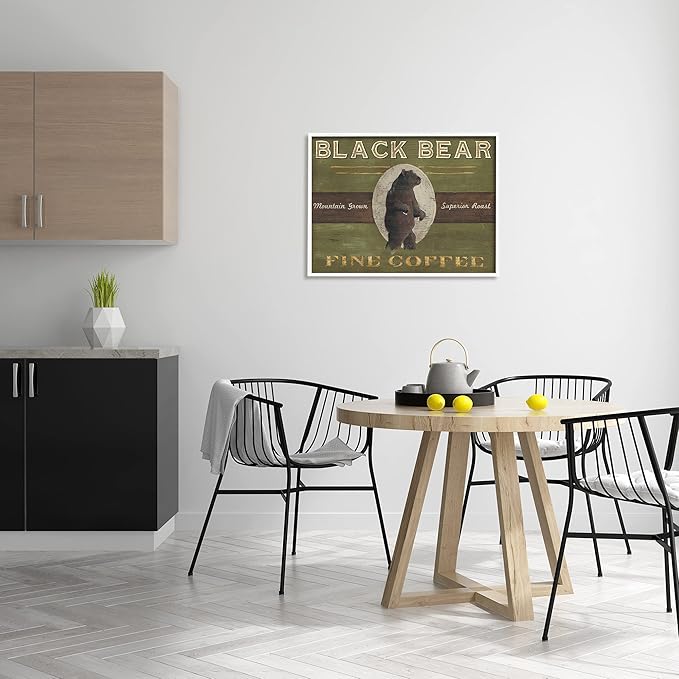 Stupell Industries Black Bear Fine Coffee Rustic Kitchen Mountain Animal, Designed by June Erica Vess White Framed Wall Art, 24 x 30, Green