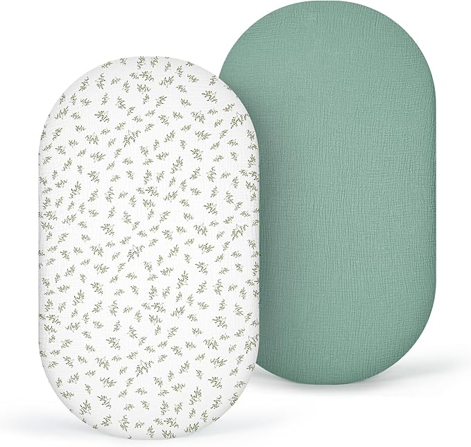 Muslin Bassinet Sheets Baby: Cotton Bassinet Sheets Fitted for Boys and Girls - Bassinet Sheets for Oval Rectangle or Hourglass Mattress(Lotus Leaf)
