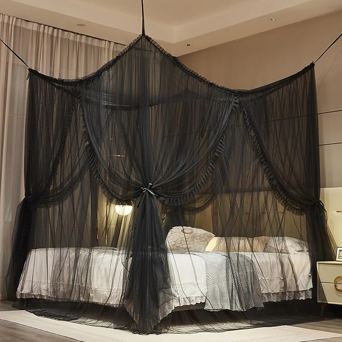 4 Corners Post Princess Curtain Bed Canopy Lace Up Double Layer 4 Opening Mosquito Net Mesh for Girls Bedroom Decoration(Black, 78" W*86" L*82" H/King)