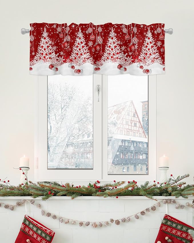 Red Christmas Valance Curtains for Kitchen Windows White Xmas Tree Snowflakes Red Balls Rod Pocket Window Treatment Toppers for Kitchen/Living Room/Bedroom/Bathroom, 42" X 12", Winter