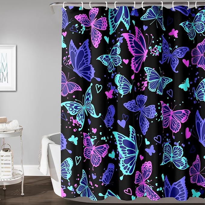 AILONEN Colorful Butterfly Shower Curtain, Butterfly Bath Curtain for Bathroom Decor,Polyester Waterproof with 12 Plastic Hooks 48" W*72" H