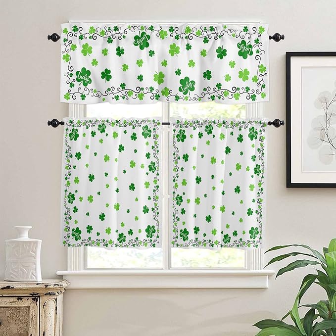 St. Patrick's Day Kitchen Curtains and Valances Set, Green Shamrock Irish Clover Window Tiers Seasonal Spring Holiday Half/Short Curtains for Small Windows Cafe /Living Room/ Bedroom 54x24 in