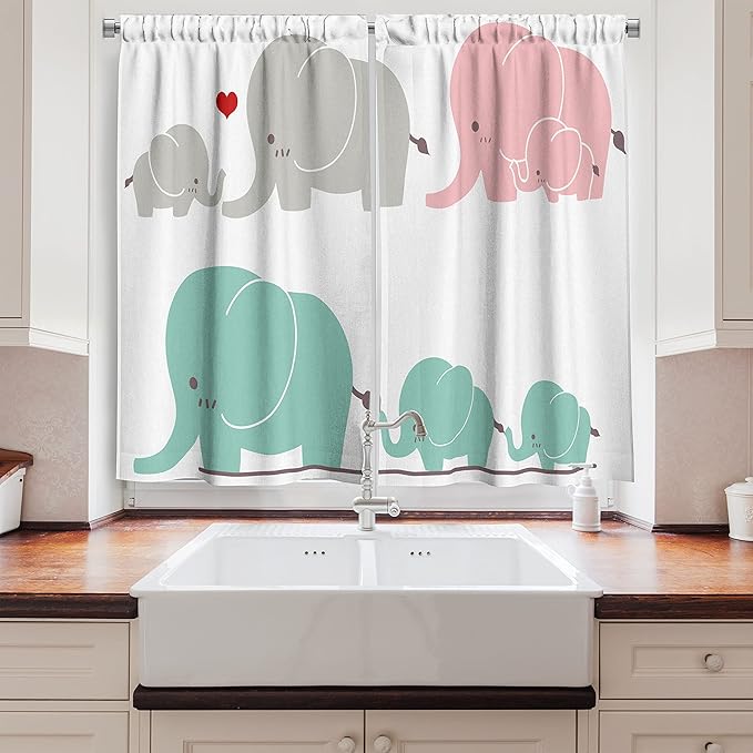 Ambesonne Nursery Kitchen Curtains, Family Love Theme Elephants Mother's Day Theme Baby Children, Window Drapes 2 Panel Set for Kitchen Cafe Decor, 55" x 39", Seafoam Pink