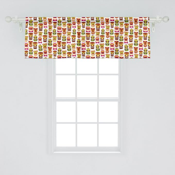 Ambesonne Tiki Bar Window Valance Pack of 2, Sixties Retro Inspired Hawaiian Party Happy Tiki Pattern Colorful, Rod Pocket Curtain Valances for Kitchen Bedroom, 54" X 18", White Brown