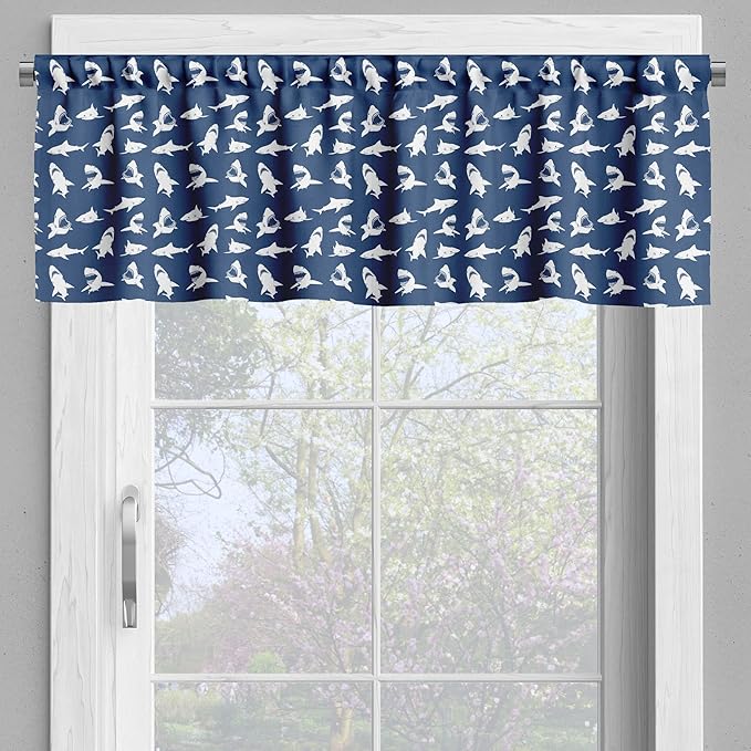 Ambesonne Shark Valance & Tier Curtain 3 pcs Set, Fish Pattern Various Gestures Have a Bite Danger Humor Nautical Design, Window Treatments for Kitchen Room Decor, 55" x 30", Blue Violet