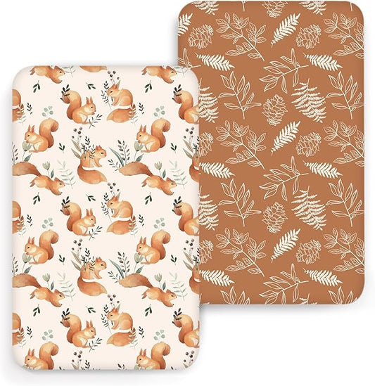 ACRABROS Crib Sheets for Girl Boy: Stretchy Baby Fitted Crib Mattress Sheets Sets 2 Pack Standard Size Ultra Soft Neutral, Squirrel&Leaf
