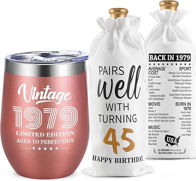 Lifecapido 45th Birthday Gifts for Women, Vintage 1979 Limited Edition Insulated Wine Tumbler with Wine Bag, 45 Year Old 45th Birthday Presents Christmas Gifts for Friends Mom Aunt Wine Lover, 12 oz