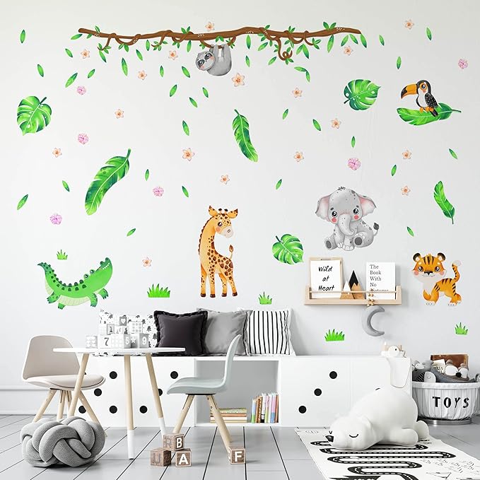 Large Jungle Animal Wall Decals for Kids by Lipastick - 143 pcs Animal Wall Stickers for Kids Baby Girl Boy Room - Creative Nursery Vinyl Wall Decal - Elephant Giraffe Crocodile Parrot Koala L Size
