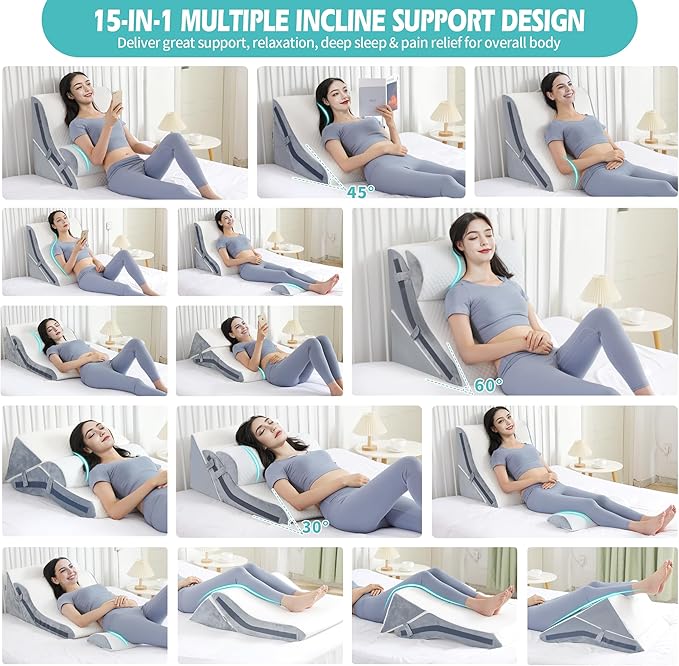Wedge Pillow for Sleeping, Orthopedic Bed Wedge Pillow Set, 15-in-1 3PCS Adjustable Memory Foam Wedge Pillow Post Surgery, 9 &16 & 20 inches Height 3-in-1 Incline Wedges Pillows (White 3-Piece Set)