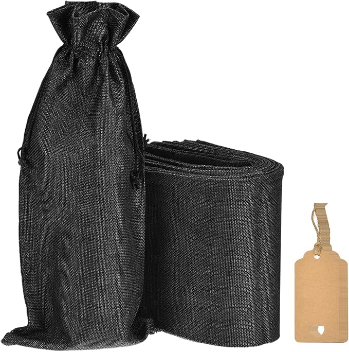 uxcell Burlap Wine Bags with Drawstrings, 12Pcs Wine Gift Bags Reusable Wine Bottle Bags with Ropes and Tags for Wedding, Birthday, Travel (14 x 6.3 In, Black)
