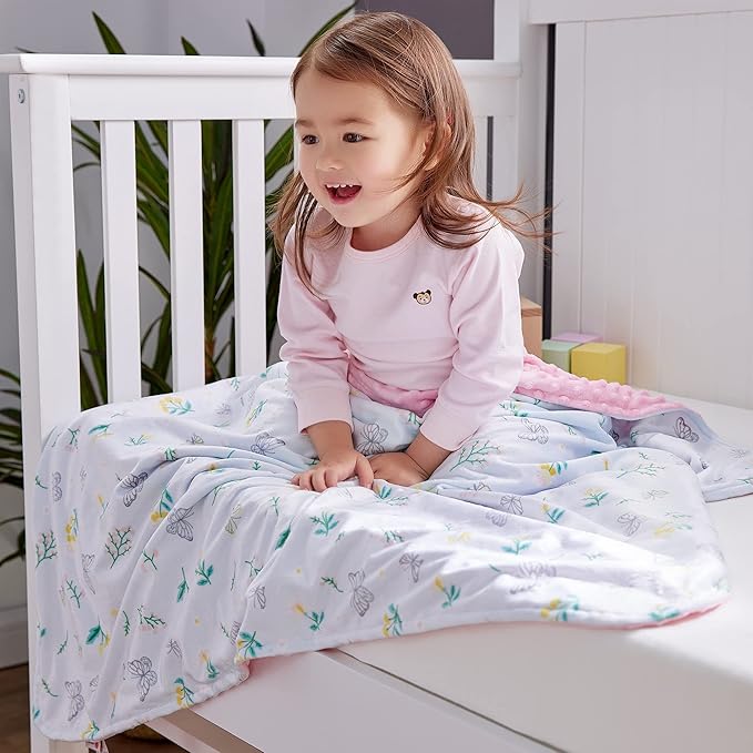 DaysU Silky Micro Soft Plush Baby Blankets for Girls with Print Floral Pattern and Soothing Raised Dots, Double Layer Bed Throws for Toddler Cot, Butterfly Floral, Mint Green, 50x60 Inches