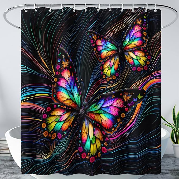 AILONEN Beautiful Butterfly Shower Curtain,Colorful Line Butterfly Bath Curtain for Bathroom for Boys,Girls,Boho Hippie Style Waterproof Fabric Shower Curtain Set with Hooks,72" W*78" H