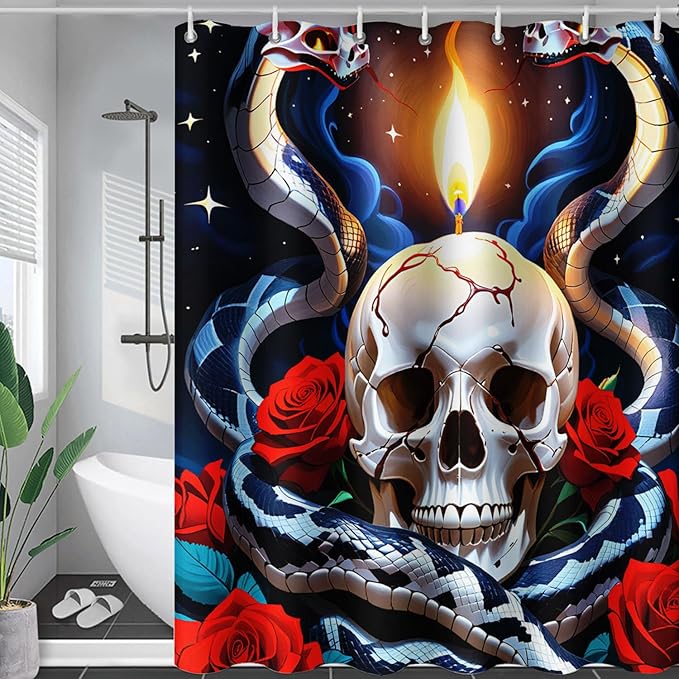 AILONEN Skull Shower Curtain for Bathroom,Red Rose Terror Snake Skull Bath Curtain,Goth Skull Skeleton Print Waterproof Curtain with 12 Plastic Hooks, 72" W*78" H