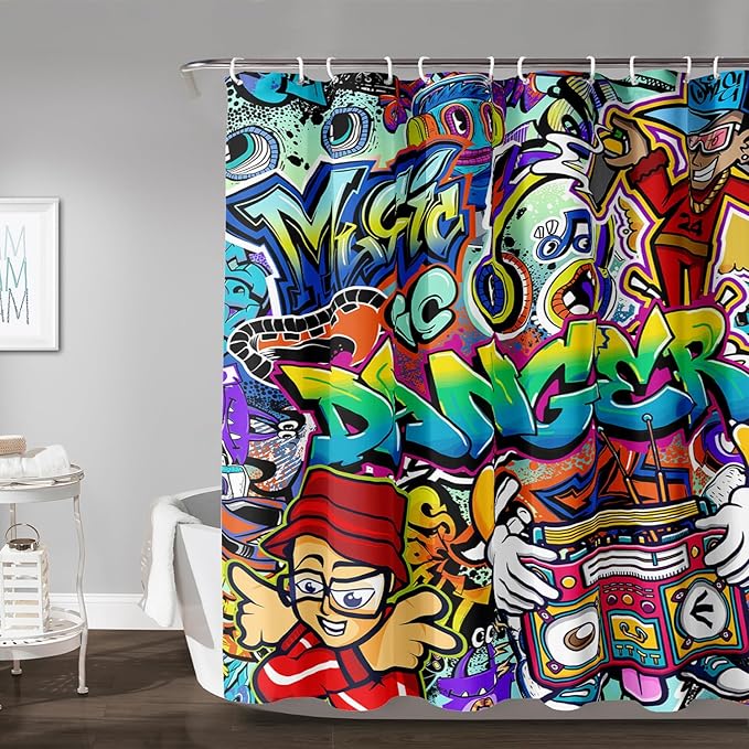 AILONEN Hip Hop Graffiti Shower Curtain for Bathroom,Colorful Graffiti Music Dancer Bathroom Curtain for Kids Boys Girls,Bath Curtain 36" W*72" H Polyester Waterproof Bathroom Curtain with 12 Hooks