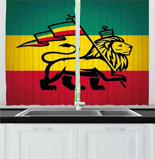 Ambesonne Rasta Kitchen Curtains, Judah Lion a Rastafari Flag Jungle Reggae Theme Art Vivid Colorful Print, Window Drapes 2 Panel Set for Kitchen Cafe Decor, 55" x 30", Yellow Red