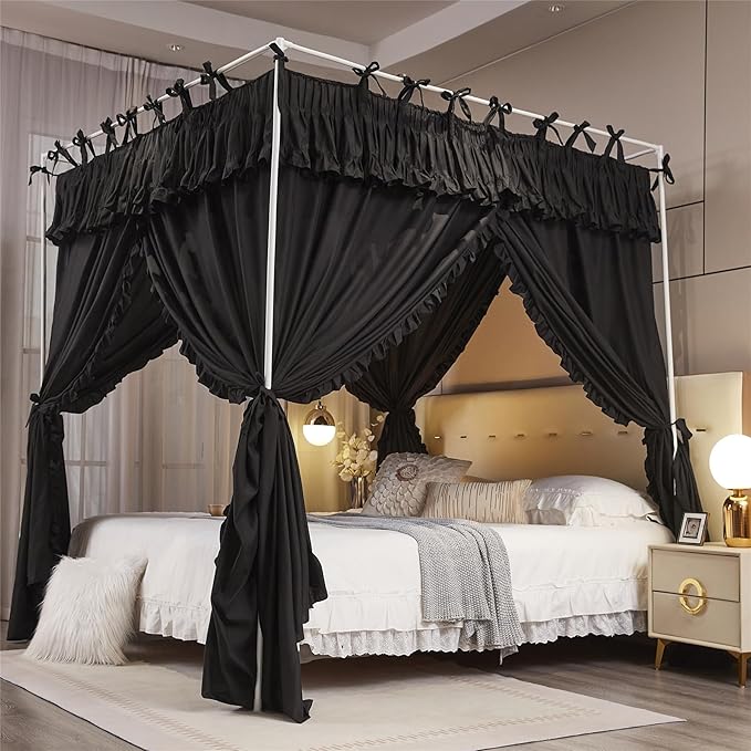 4 Corners Post Princess Ruffle Curtain Bed Canopy Lace Up Elastic Cozy Breathable Tent Mosquito Net for Girls Bedroom Decoration(Black, 59-64" W*82" L*82" H/Queen)