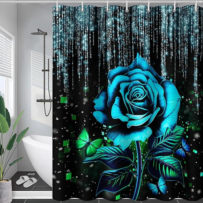 AILONEN Blue Rose Shower Curtain for Bathroom, Glitter Starry Flower Print Bath Curtain,Blue and Black Waterproof Floral Butterfly Shower Curtain Decoration with 12 Plastic Hooks, 72" W*78" H