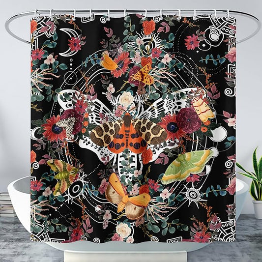 AILONEN Death Moth Shower Curtain,Sun Moon Shower Curtain Set for Kids Girls Boys,Boho Natural Plants Bathroom Decor Shower Curtain with 12 Hooks,72" W*72" H