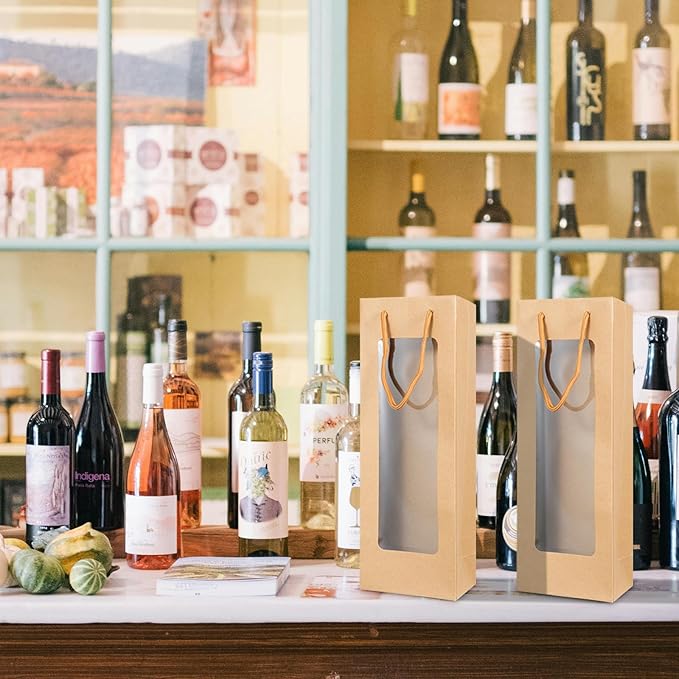 Cyblinia 20 Pack Wine Gift Bags with Window 4.9 x 3.6 x 14.2 Inch Paper Wine Bags Wine Carrier Bags Shopping Bags with Handle for Wine Bottle and Gifts，Wedding, Birthday, Christmas