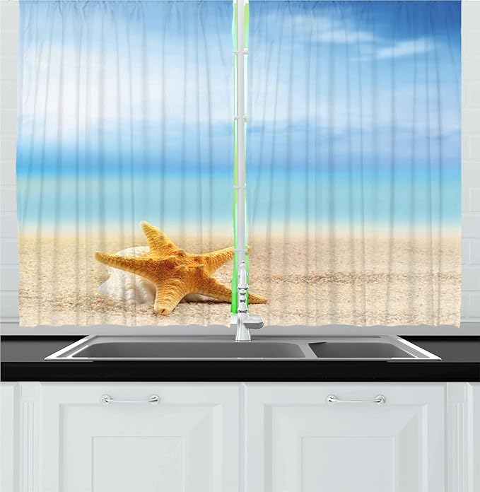 Ambesonne Starfish Kitchen Curtains, Scallop Seashell and Starfish Close up Sandy Beach Idyllic Ocean Backdrop Design, Window Drapes 2 Panel Set for Kitchen Cafe Decor, 55" x 30", Earth Yellow