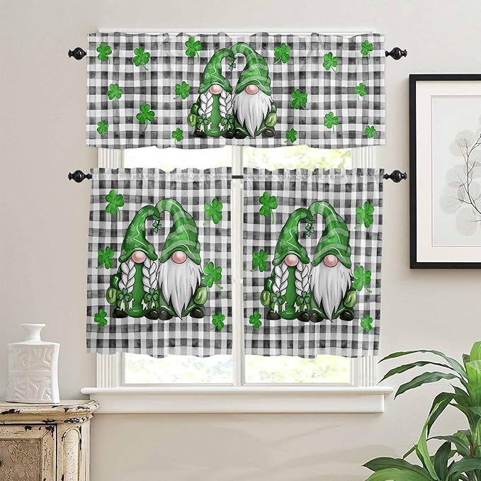 St. Patrick's Day Kitchen Curtains and Valances Set, Buffalo Plaid Shamrock Gnome Window Tiers Spring Holiday Farmhouse Decor Half/Short Curtains for Small Windows Cafe /Living Room/ Bedroom 54x 36