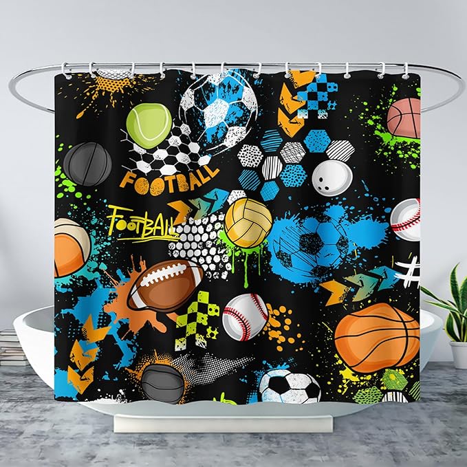 AILONEN Graffiti Sport Shower Curtain,Boys Graffiti Basketball Football Baseball Rugby Sport Bath Curtain Minimalist Bathroom Curtain 72" W*96" H Polyester Waterproof Bathroom Curtain with 12 Hooks