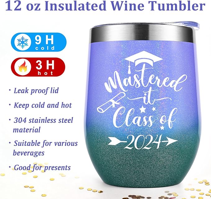 Lifecapido Graduation Gifts, Mastered it Class of 2024 12oz Wine Tumbler with Keychain, 2024 High School College Masters Degree PHD Graduation Gifts for Her Graduates Friends Classmates, Gradient