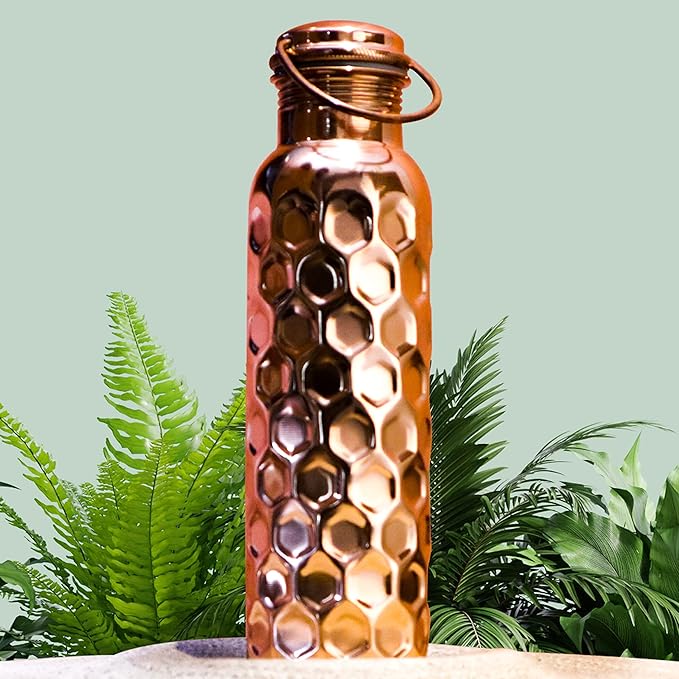Craft Trade Copper Water Bottle for Drinking 32oz Antique Diamond Pure AyurvedaCopper Water Bottle with Handle Travel Bottle for Gym, Office, Hiking, Outdoor Ayurvedic Hammered Water Vessel-1000 ML