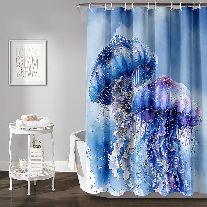 AILONEN 3D Jellyfish Shower Curtain,Beautiful Jellyfish Shower Curtain for Bathroom,Watercolor Blue Ocean Waterproof Fabric Shower Curtain Set with Hooks,36" W*72" H