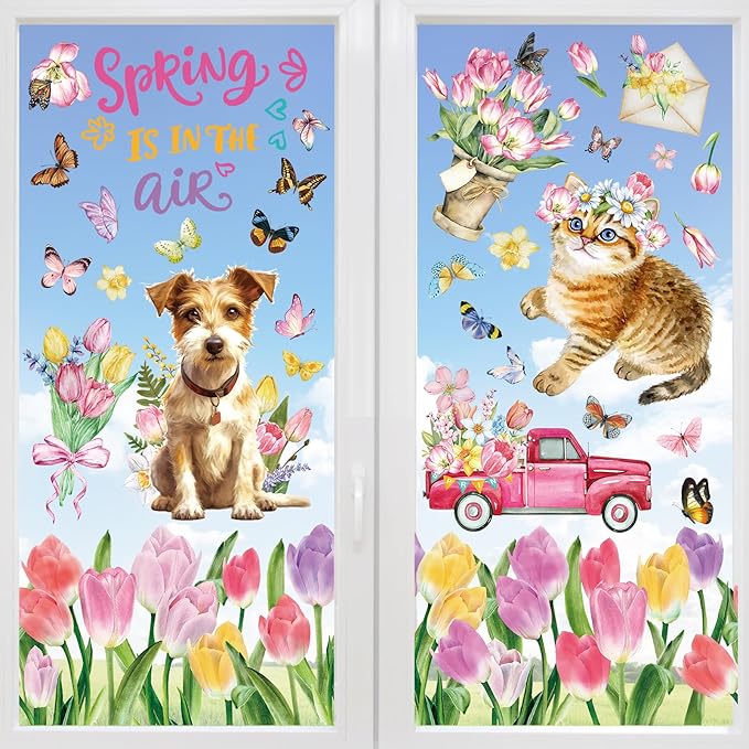 HOWAF Spring is in The Air Tulip Flowers Window Clings Stickers,9 Sheets Hello Spring Floral Butterfly Truck Cart Wall Glass Stickers Decal Decorations, Spring Cat Dog Theme Window Decals