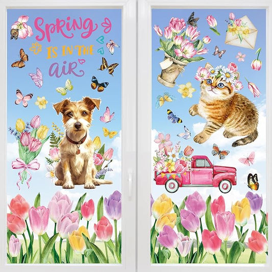 HOWAF Spring is in The Air Tulip Flowers Window Clings Stickers,9 Sheets Hello Spring Floral Butterfly Truck Cart Wall Glass Stickers Decal Decorations, Spring Cat Dog Theme Window Decals