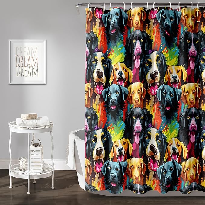 AILONEN Cartoon Dog Shower Curtain Set, Lovely Colourful Puppy Shower Curtain for Bathroom,Rainbow Gradient Puppy Waterproof Fabric Bath Curtain with Hooks,60" Wx72 H
