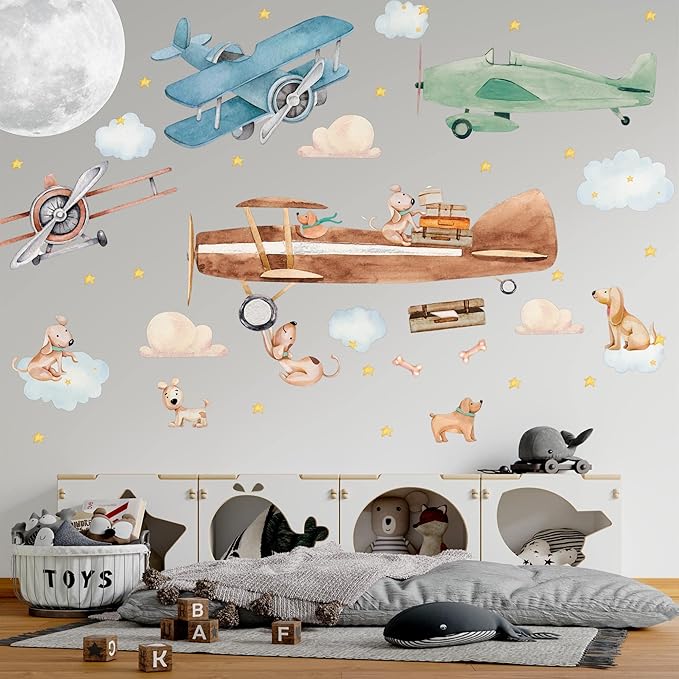 Large Airplane Wall Decals for Kids by Lipastick - 89 pcs Premium Kids Wall Stickers Aircrafts - Creative Nursery Wall Decal - Plane Vinyl Wall Decals for Baby Nursery Children Room Bedroom XXL Size