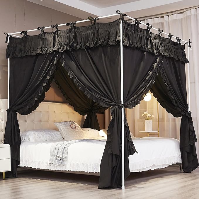 Ruffle Lace up 4 Corners Post Princess Curtain Bed Canopy Cozy Breathable Mosquito Net Cloth for Girls Adults Bedroom Decoration (Black, 64" W*82" L*82" H/Queen)