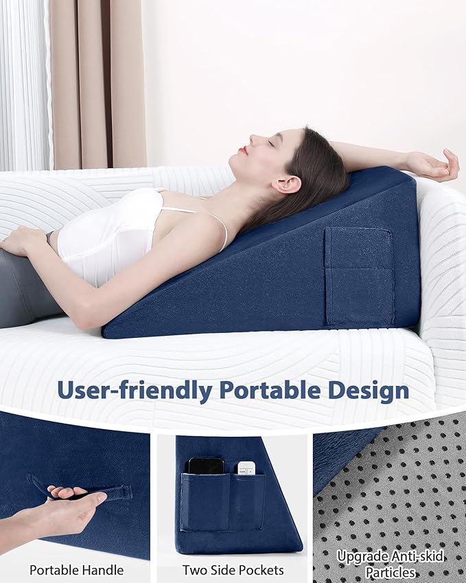 Wedge Pillow for Sleeping, 12 Inch Bed Wedge Pillow for After Surgery, Acid Reflux, Memory Foam Top Triangle Pillow Wedge for Head, Back, Leg with Machine Washable Cover-Blue