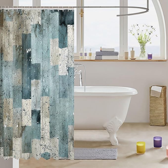 Feelyou Geometric Bath Curtain Geometry Shower Curtain Square Bathroom Shower Curtain Set Kids Toddler Boys Girls Stripe Line Kids Bathroom Accessories 72"x78"