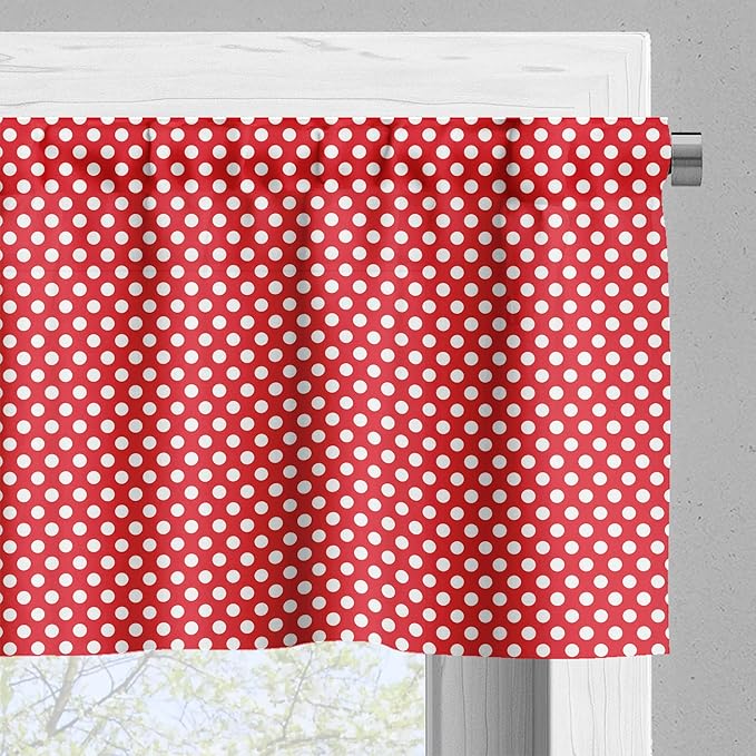 Ambesonne Retro Valance & Tier Curtain 3 pcs Set, 50s 60s Iconic Pop Art Style Big White Polka Dots Picnic Vintage Old Theme Image, Window Treatments for Kitchen Room Decor, 55" x 30", Vermilion White