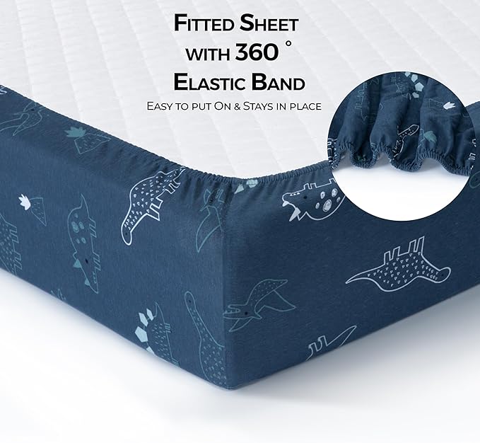 Mini Crib Fitted Sheet, 100% Cotton Knitted Jersey, Pack n Play Sheet, Breathable, Fitted Crib Sheets, Super Soft, Toddler Fitted Sheet,2 Pack,Dino/Denim Blue, 38x24x6
