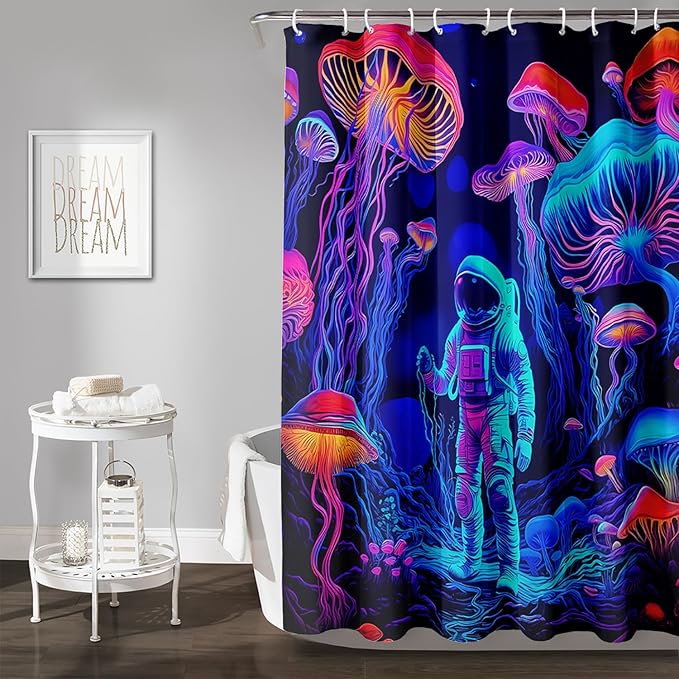 AILONEN Magic Mushroom Shower Curtain,Cartoon Astronaut Shower Curtain Set for Bathroom,Boho Style Jellyfish Waterproof Fabric Bath Curtain for Kids Girls Boys, 72" W*72" H