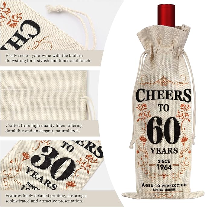 SpringWhisper 2Pcs 60th Birthday Gifts for Women Men Back in 1964 Birthday Gift 60 Years Old Gift Birthday Decoration Wine Bag Gift for Her Him Wine Gift Bag 60th Turning 60