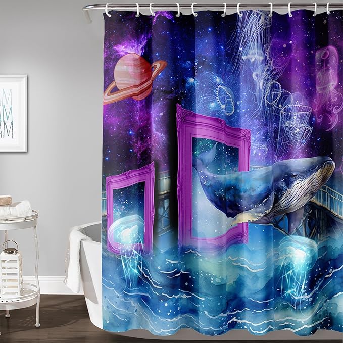 AILONEN 3D Whale Shower Curtains,Purple Galaxy Bath Curtains,Ocean Jellyfish Curtains for Kids Girls,Polyester Waterproof for Bathroom with 12 Hooks,72" W*84" H Purple