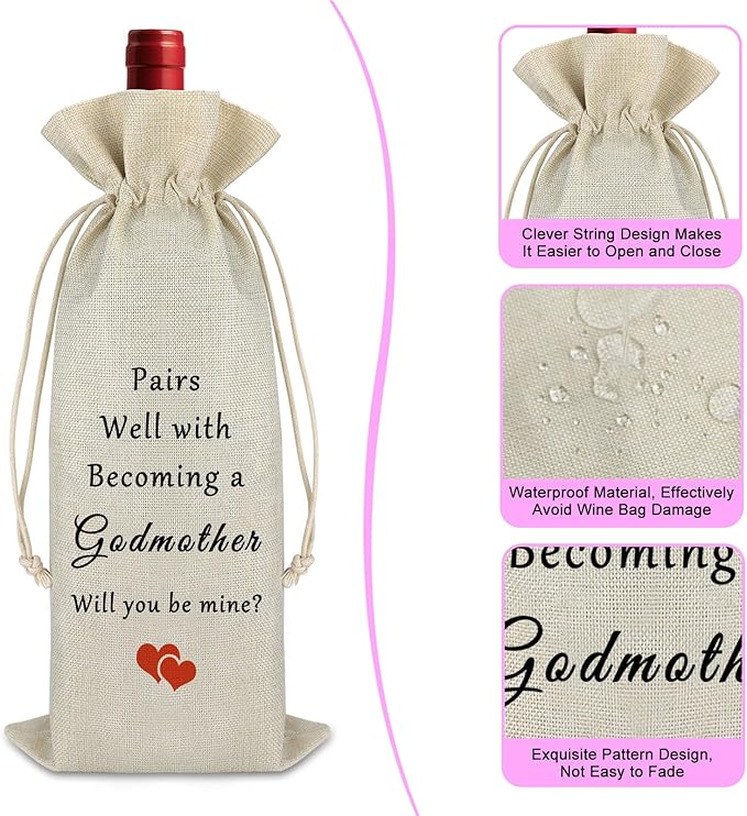 Mother’s Day Gift Godmother Gift from Godchild Godmother Wine Bag Pregnancy Announcement Gift for Friends Birthday Christmas Gift for Aunt Godmother Drawstring Burlap Wine Bottle Bag Thanksgiving Gift