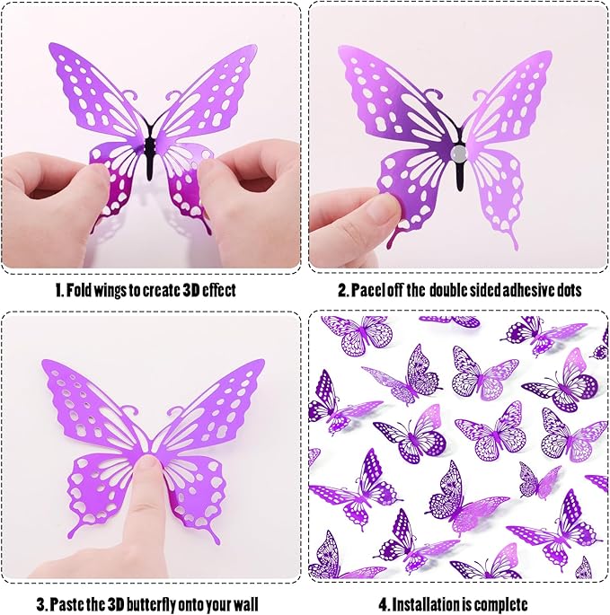 SAOROPEB 3D Butterfly Wall Decor 48 Pcs 4 Styles 3 Sizes, Purple Butterfly Decorations for Birthday Decorations Butterfly Party Decorations Cake Decorations, Removable Stickers (Purple)