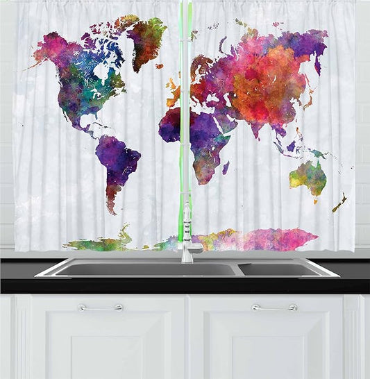 Ambesonne Watercolor Kitchen Curtains, Multicolored Hand Drawn World Map Asia Europe Africa America Geography Print, Window Drapes 2 Panel Set for Kitchen Cafe Decor, 55" x 36", Gray Purple