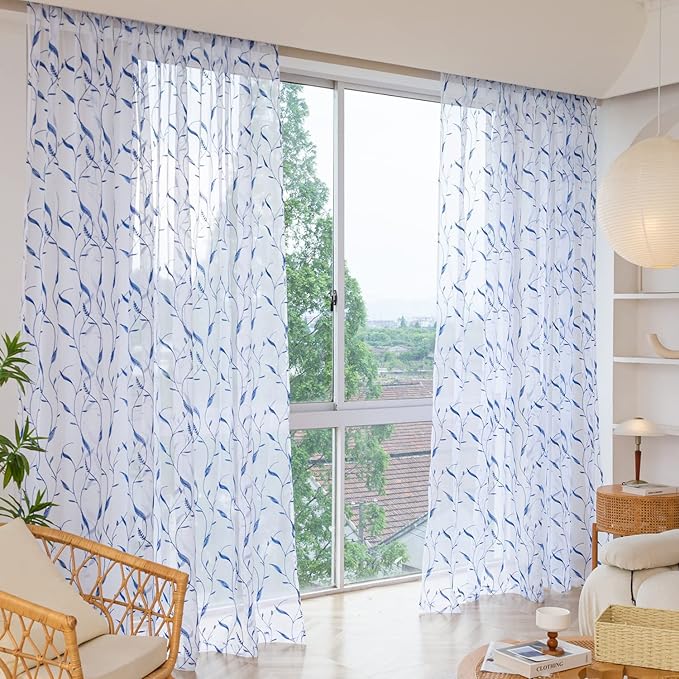 Windows Sheer Curtains Embroider Blue Leaf 72 Inches Length 2 Panels Voile Light Filtering Sheer Curtains Panel Basic Rod Pocket for Bedroom Living Room Children Room