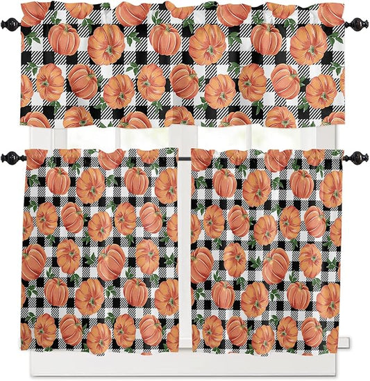 Fall Kitchen Curtains and Valances Set, Thanksgiving Halloween Pumpkins Small Window Treatments Tiers Half/Short Curtains for Cafe /Living Room/ Bedroom 54x 36 in, Farmhouse Black White Buffalo Plaid