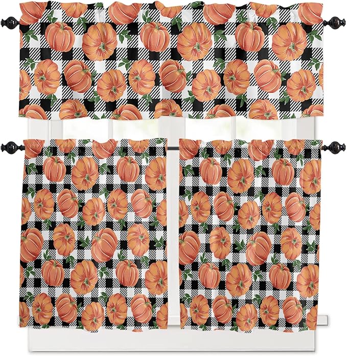 Fall Kitchen Curtains and Valances Set, Thanksgiving Halloween Pumpkins Small Window Treatments Tiers Half/Short Curtains for Cafe /Living Room/ Bedroom 54x 36 in, Farmhouse Black White Buffalo Plaid