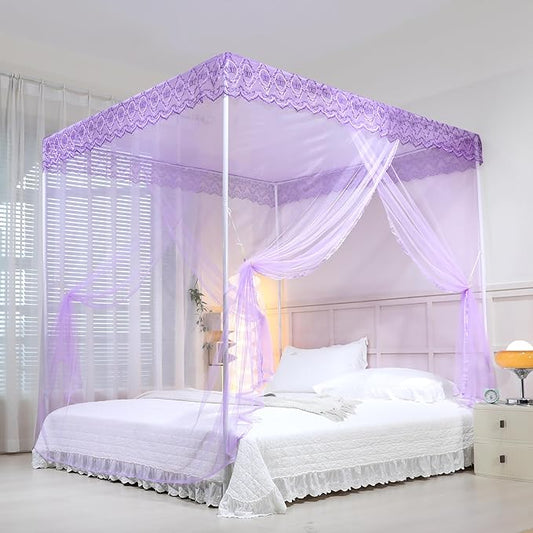 Bed Canopy, Princess Bed Curtain Net for Girls & Adults，Three-Doors Rectangle Lace Dome Netting (Purple, King)